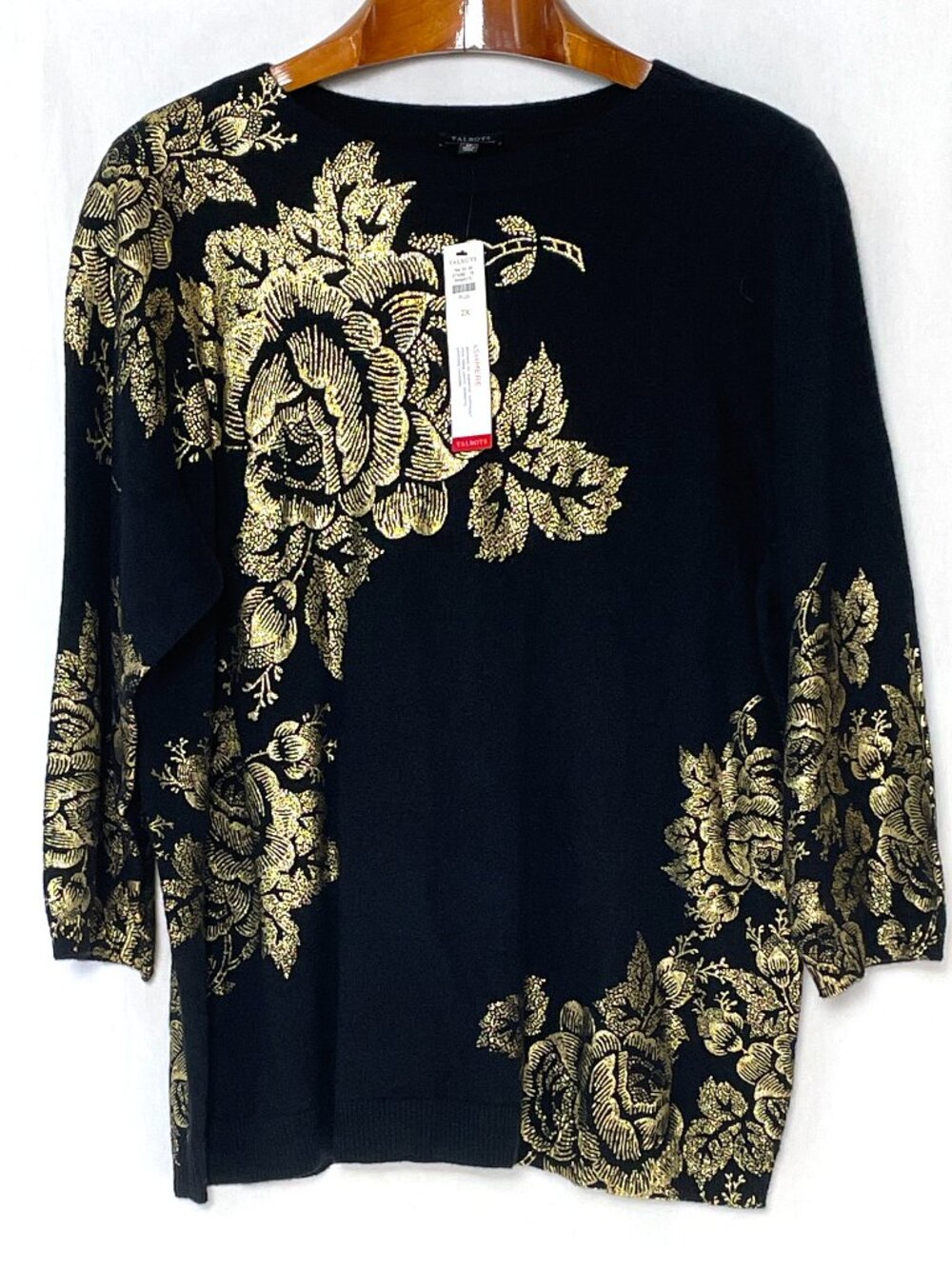 NWT Talbots Audrey Cashmere Sweater Stencil Floral Black Gold Metallic 2X